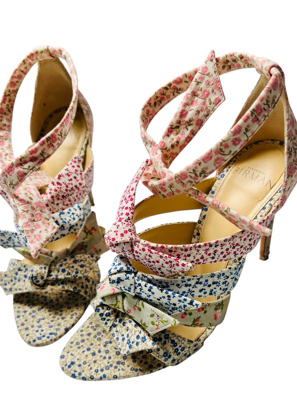 Alexandre Birman Floral Multi-Strip Bow High Heel Sandals - Pink/Blue/Green